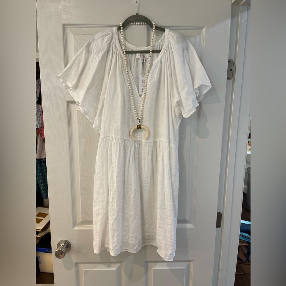Linen White V Neck Dress by Velvet by Graham & Spencer